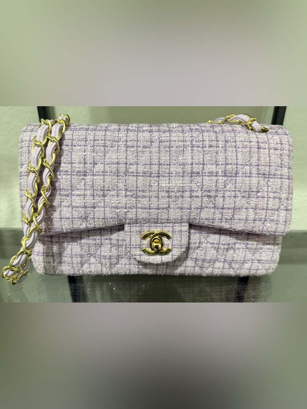 Lilac Tweed Quilted Shoulder Bag with Gold Hardware